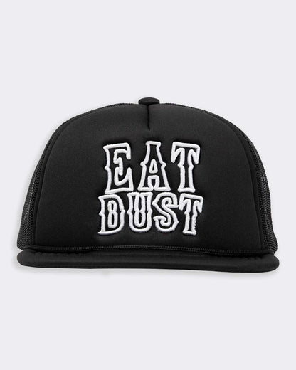 eat dust white text on black trucker hat front view