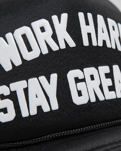 work hard stay greasy hat front stitching details