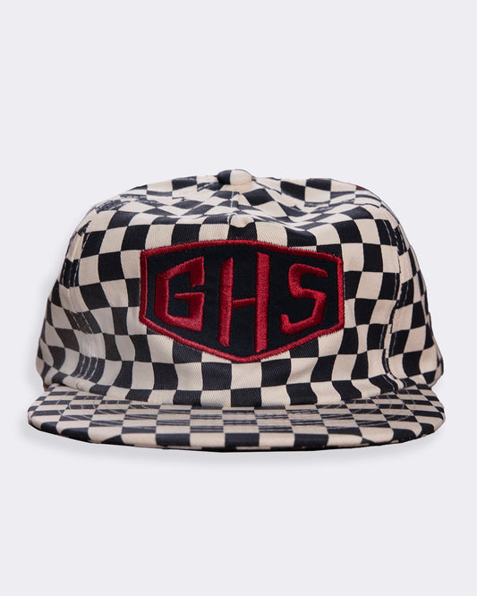 Checkered cap with red logo on a white background