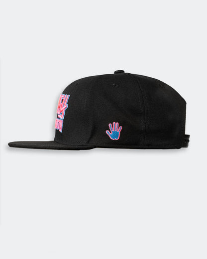 Black cap with colorful pink and blue greasy hands society logo with hand on the side  - sideview