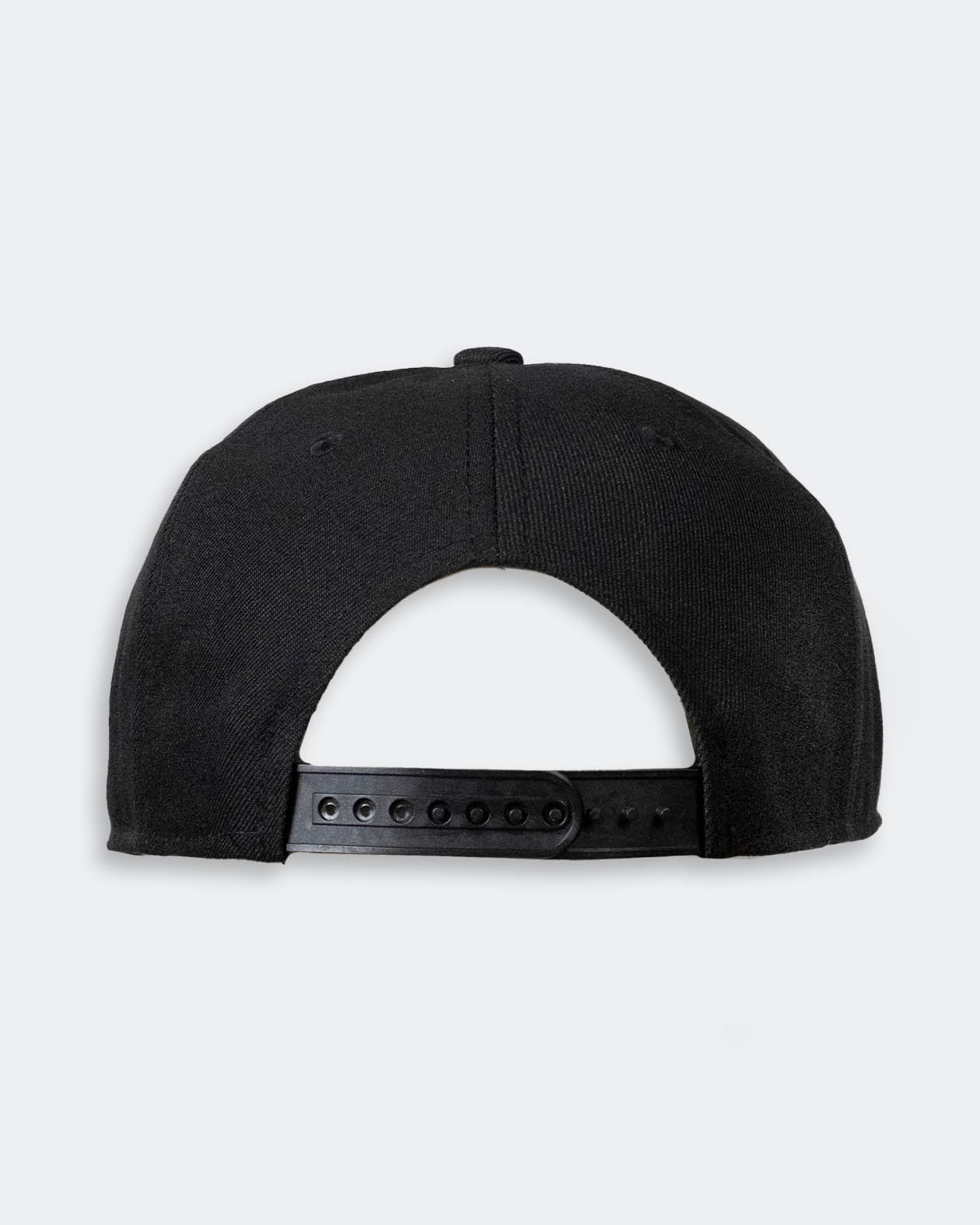 black of a Black snapback cap on a light gray background