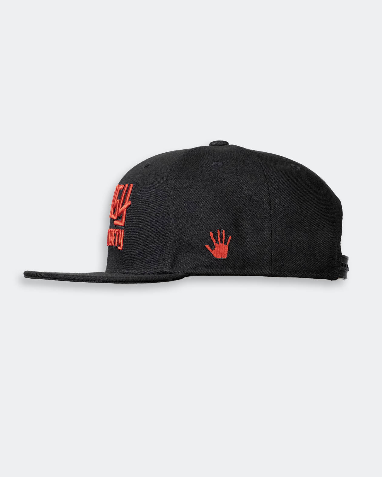 Black cap with red greasy hands society logo with hand on the side  - sideview
