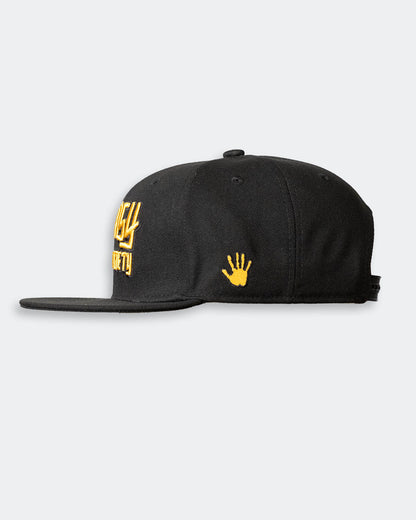 Black cap with gold greasy hands society logo with hand on the side  - sideview