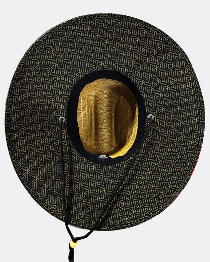 Black patterned wide-brimmed hat with a gold interior on a white background - Beach Roamer sun hat for men by Greasy Hands Society