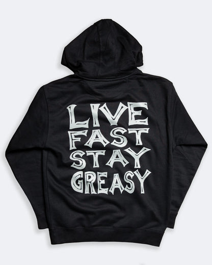 live fast stay greasy hoodie full back graphic on a black hoodie