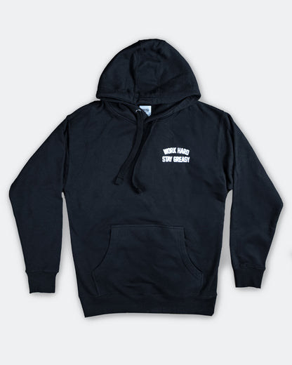 Black hoodie with white text on a white background