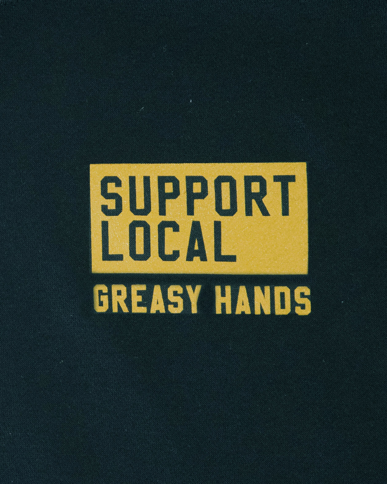 support your local car club black heavyweight hoodie front left chest detail showing support local greasy hands
