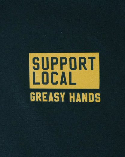 support your local car club black heavyweight hoodie front left chest detail showing support local greasy hands