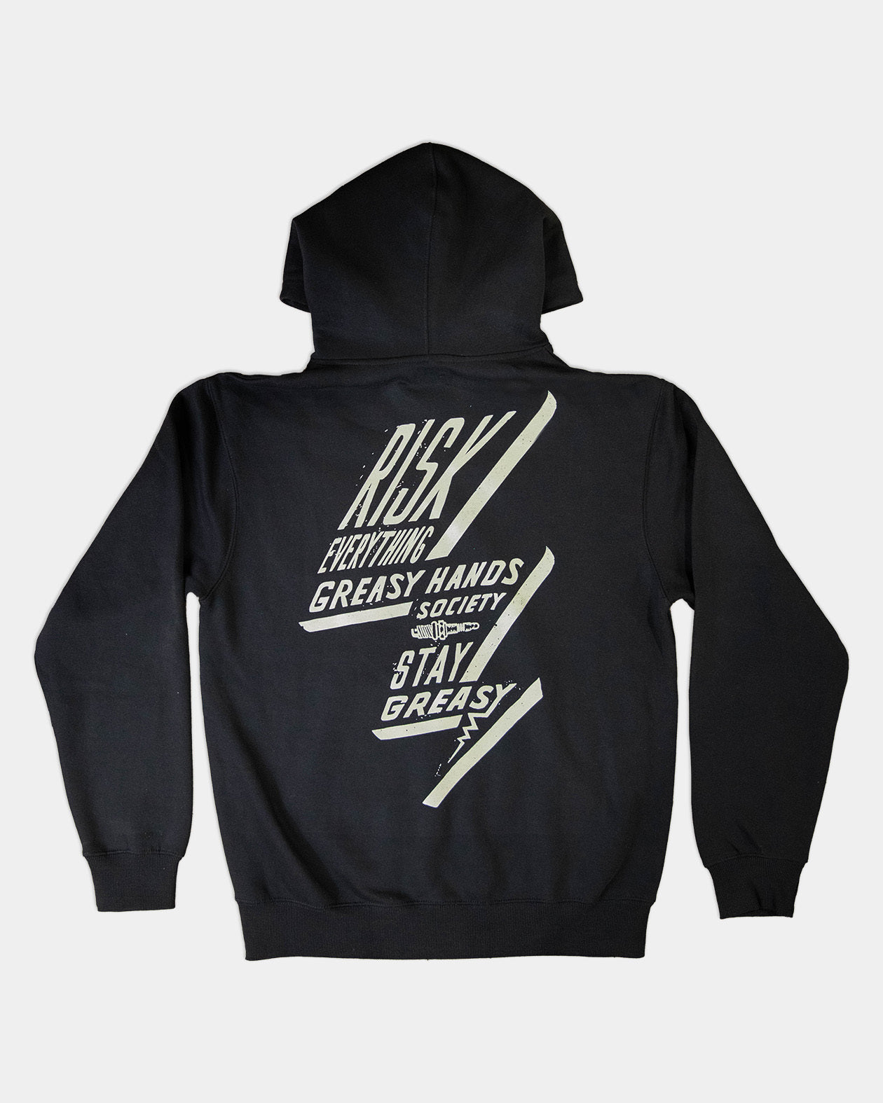 bolted down black heavyweight hoodie back flat lay view with full back graphic of a lightning bolt saying risk everything  - Bolted Down Men's Heavyweight Box Hoodie by Greasy Hands Society