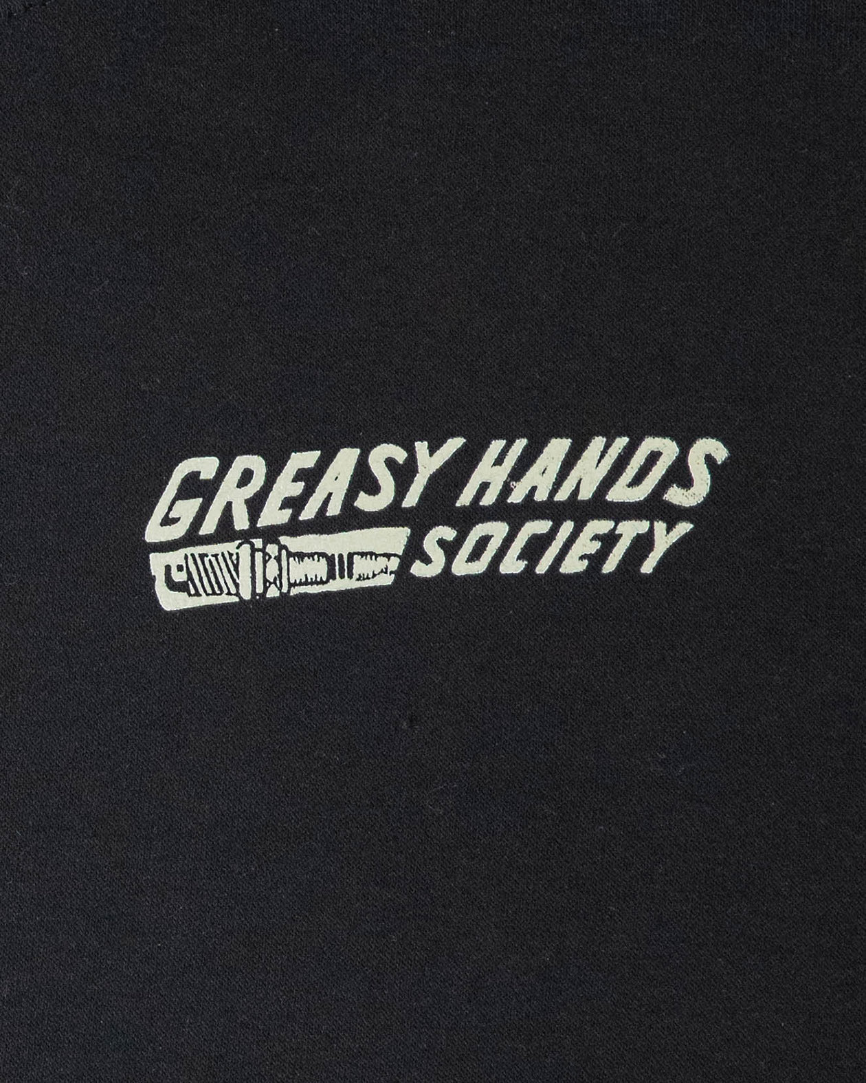 bolted down black heavyweight hoodie front detail view showing greasy hands society with a screw graphic -  Bolted Down Box Hoodie by Greasy Hands Society