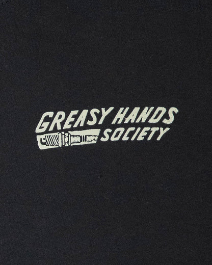 bolted down black heavyweight hoodie front detail view showing greasy hands society with a screw graphic -  Bolted Down Box Hoodie by Greasy Hands Society