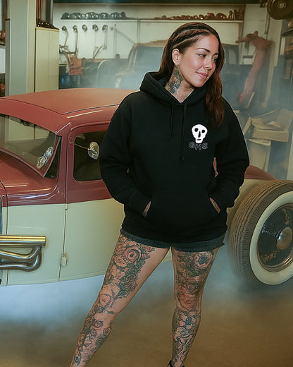 cutting it close womens black hoodie front view showing a skull