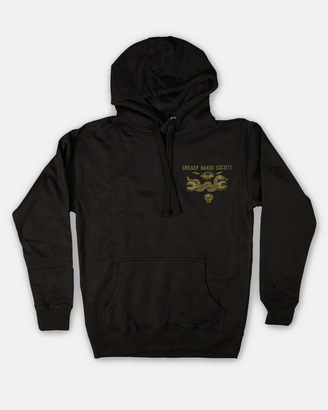 Black hoodie with gold greasy hands society text with a snake holding a wrench on the left chest on a white background - Snake Eye Hoodie by Greasy Hands Society