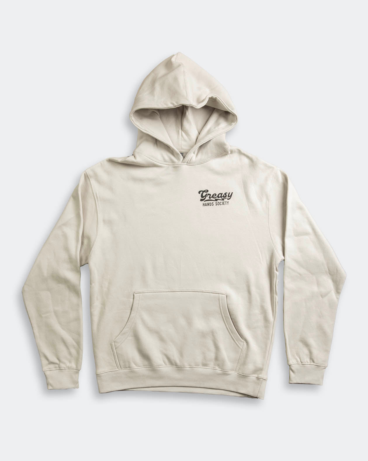 Beige hoodie called the destination hoodie for Men with a greasy hands society logo on a light gray background