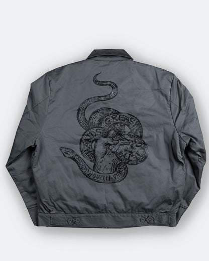 steel Gray jacket with snake design on the back against a white background