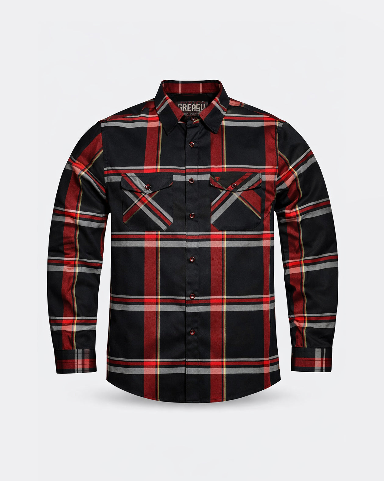 Plaid shirt with red and black pattern on a light gray background - The Devil in the Details Flannel by Greasy Hands Society