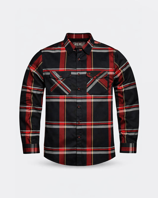Plaid shirt with red and black pattern on a light gray background - The Devil in the Details Flannel by Greasy Hands Society
