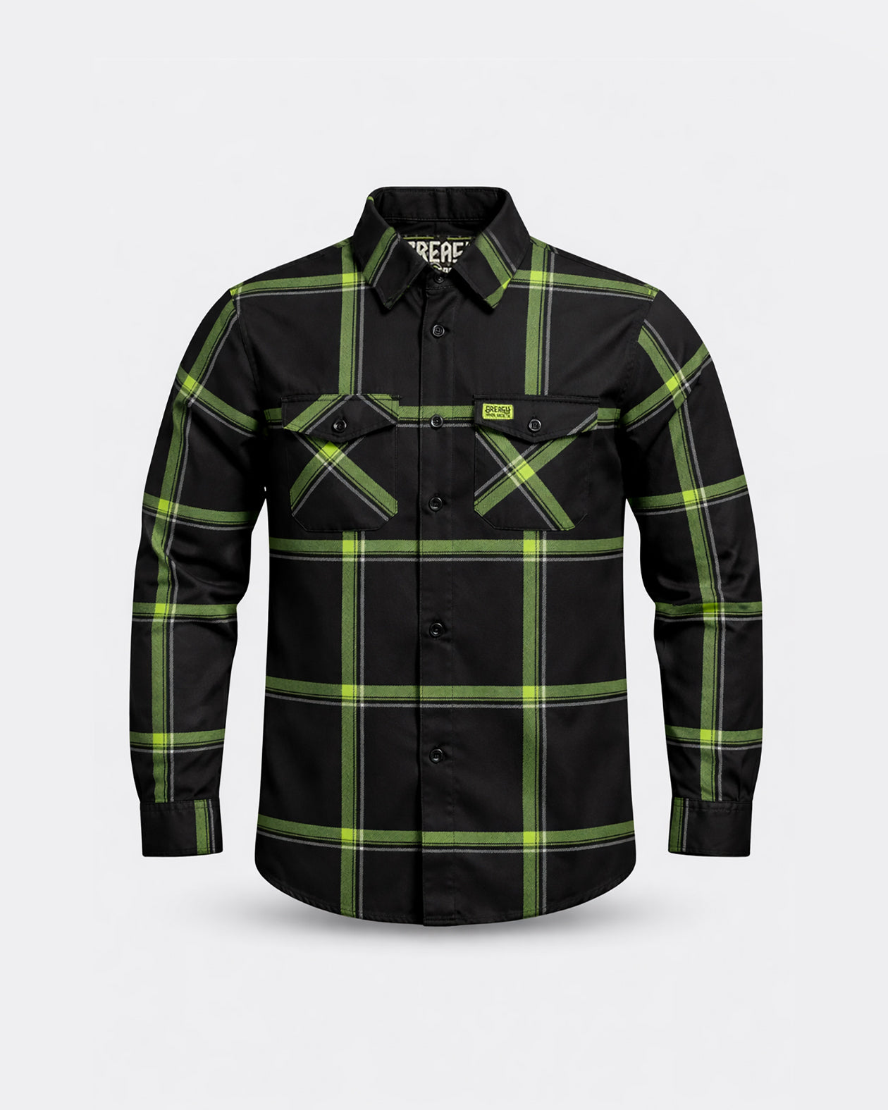 Black and green plaid flannel shirt on a light gray background - The Moto Flannel by Greasy Hands Society