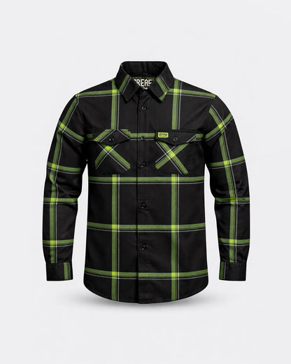 Black and green plaid flannel shirt on a light gray background - The Moto Flannel by Greasy Hands Society