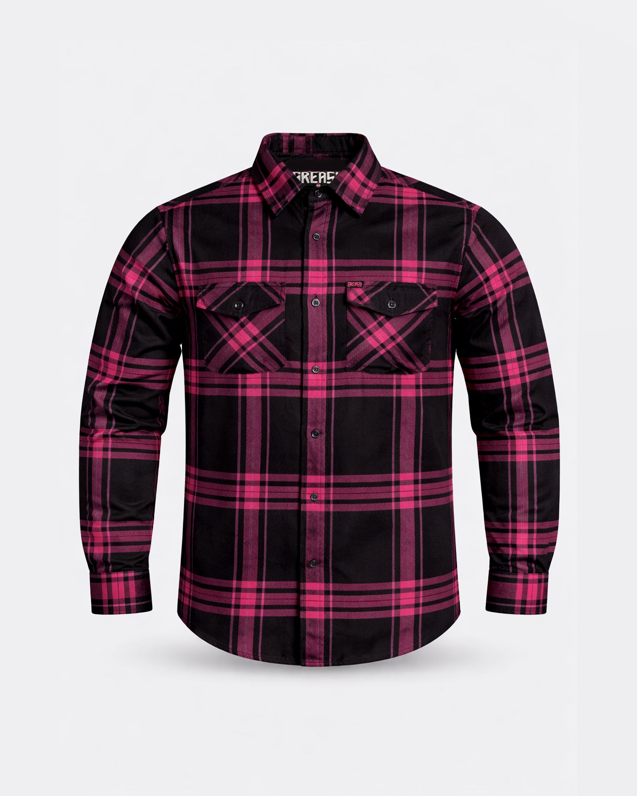 Plaid black and pink flannel shirt on a light gray background - The Lonely Heart Flannel by Greasy Hands Society