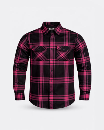 Plaid black and pink flannel shirt on a light gray background - The Lonely Heart Flannel by Greasy Hands Society