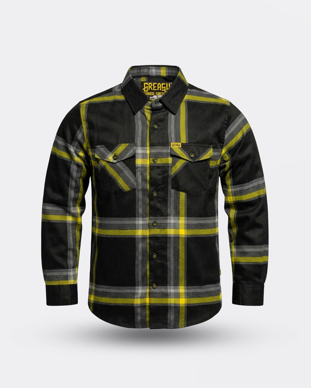 plaid Black and yellow flannel shirt with reflective yellow stripes on a white background - The Eat Dust Flannel from Greasy Hands Society