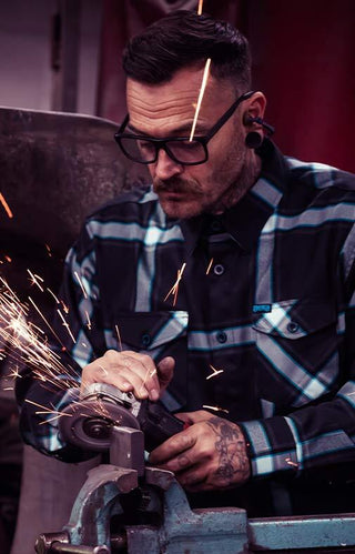 gravity fed, black gray and blue flannel made by the greasy hands society for the custom car artists that leave your ride looking flawess