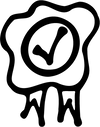A black wax seal style icon with a checkmark inside, on a white background.