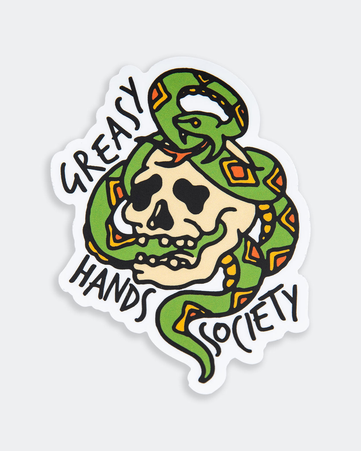 graphic sticker of a skull and snake on a gray background