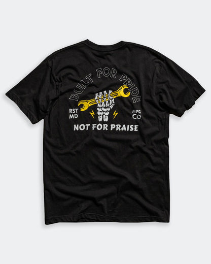 built for pride black graphic t-shirt showing a skull hand raising a wrench flat lay - Built for Pride men's black graphic t-shirt by Greasy Hands Society