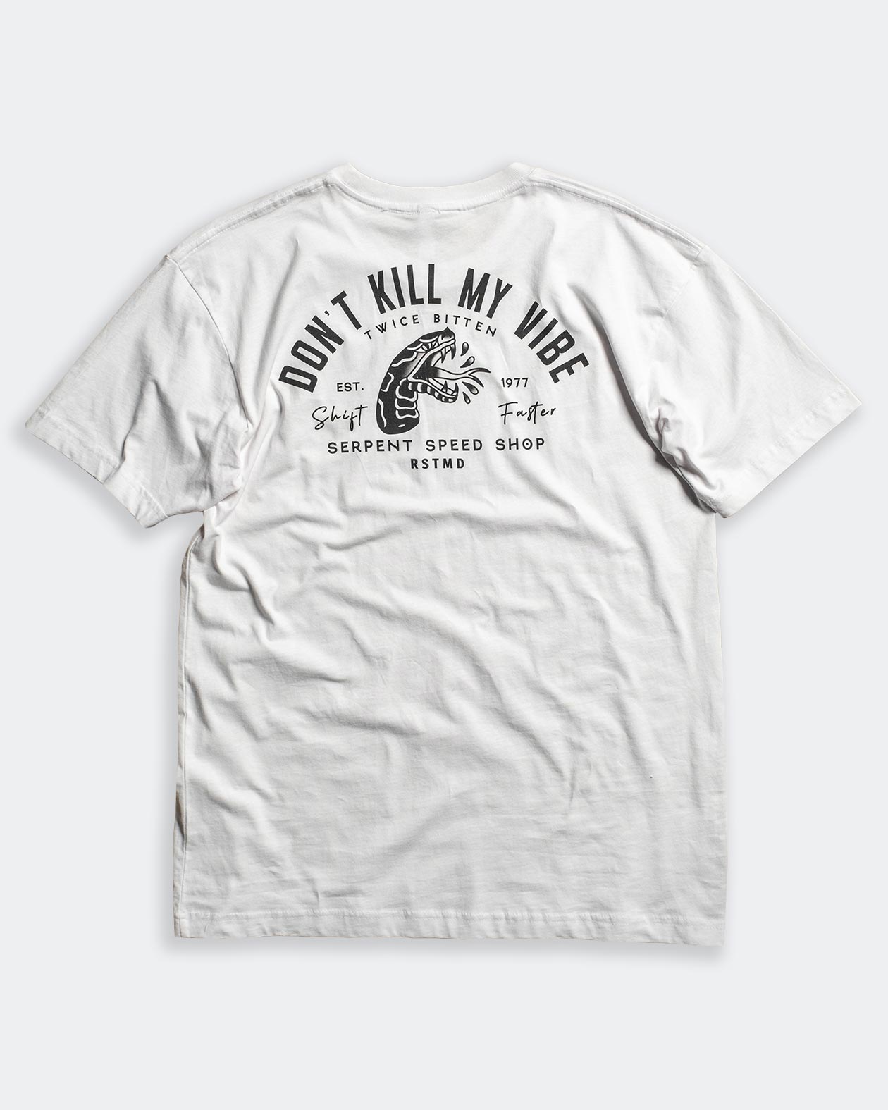 men's don't kill by vibe white graphic tee with black design full back design with a snake on gray background - Don't Kill My Vibe graphic tee by Greasy Hands Society