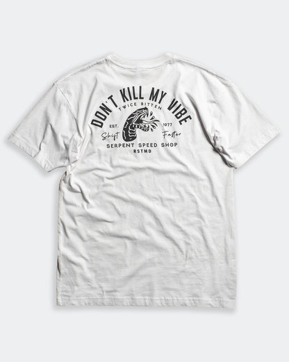 men's don't kill by vibe white graphic tee with black design full back design with a snake on gray background - Don't Kill My Vibe graphic tee by Greasy Hands Society