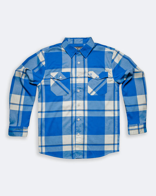 blue & white flannel by greasy hands society called f**kin problems - flat lay view on gray