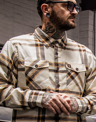 the whiskey flannel brown and gold flannel made by the greasy hands society