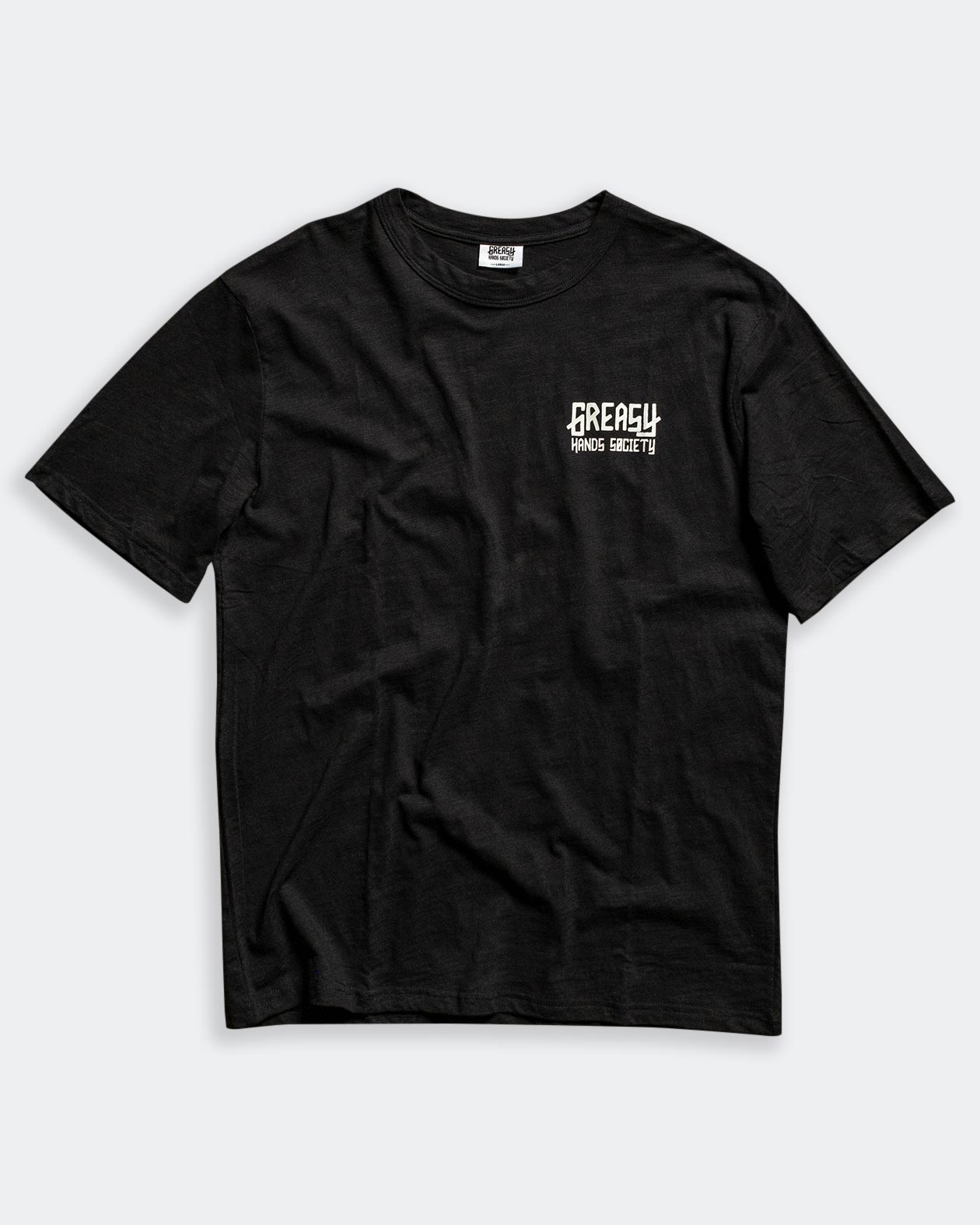 Weld On front left chest design back t-shirt with greasy hands society logo