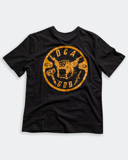 local god black graphic tee full back graphic flat lay on gray