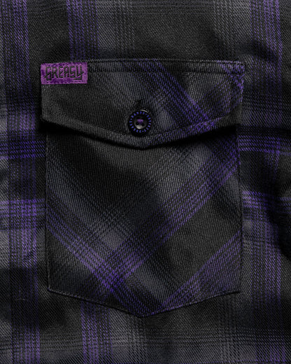 Kiss The Sky Flannel purple and black plaid pattern fron pocket detail