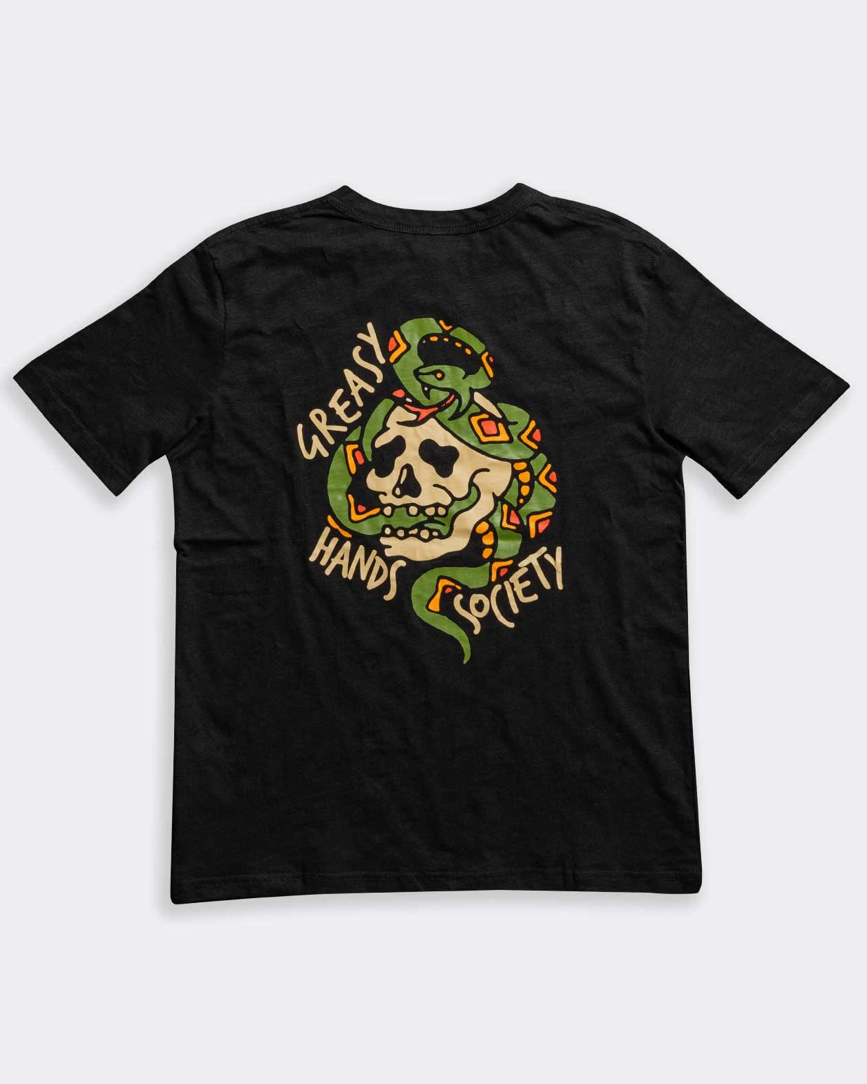 black graphic tee showing a skull with a snake coiled around it - pressure t-shirt from greasy hands society