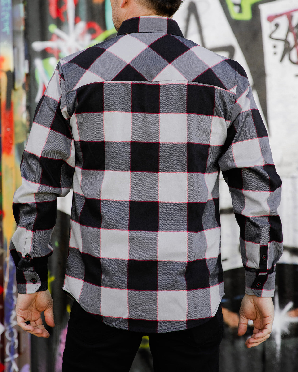 the banger black gray and red flannel back view