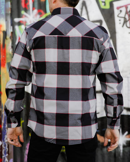 the banger black gray and red flannel back view