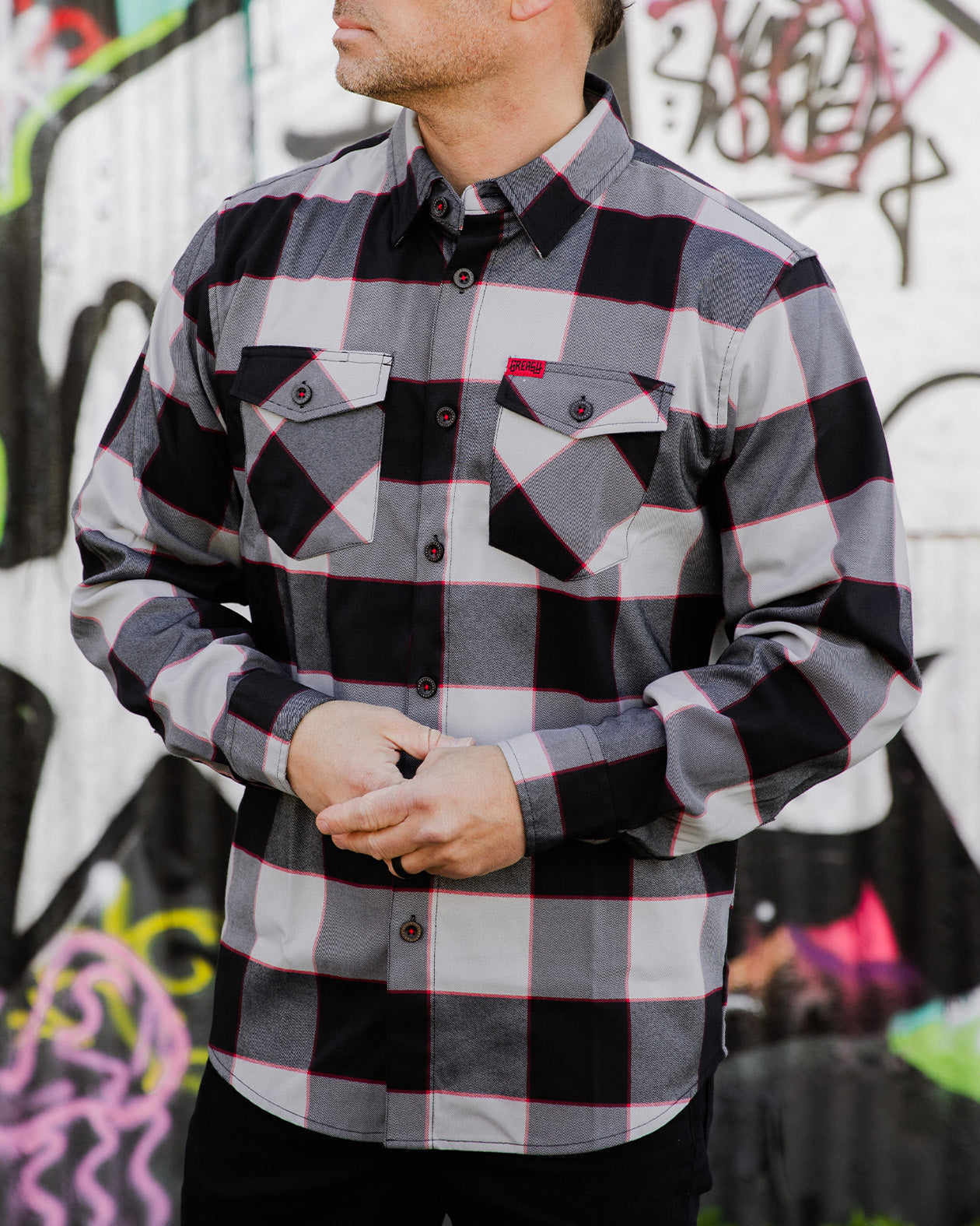 the banger black gray and red flannel front view - a greasy hands society exclusive