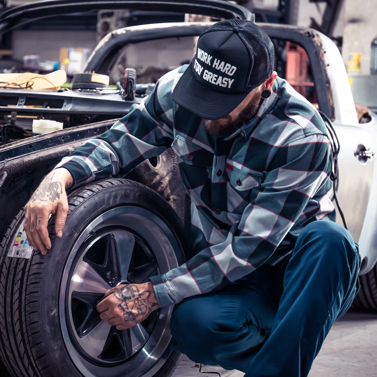 outfit your crew in greasy hands society flannels, graphic tees and hats